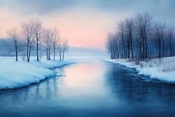 Aufkleber - Icy river at dusk, barren trees on the riverbank, cold and dark, soft lighting, watercolor