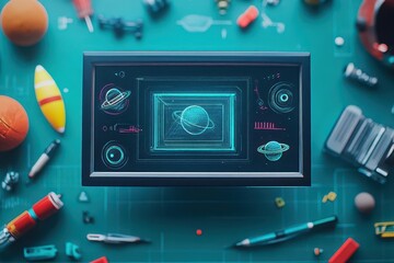 Poster - Interactive hologram monitor with futuristic design flat design top view space exploration theme cartoon drawing colored pastel