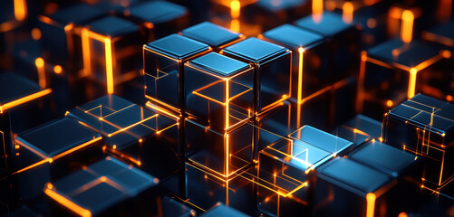 Dynamic array of glowing orange and blue cubes arranged in a digital matrix, conveying energy, movement, and futuristic tech elements.