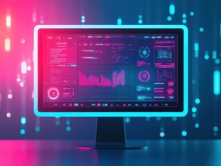 Poster - monitor with neonlit futuristic dashboard flat design front view urban futuristic theme 3d render vi