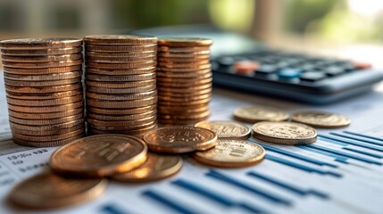 Aufkleber - Stacks of Gold Coins on a Financial Graph with a Calculator