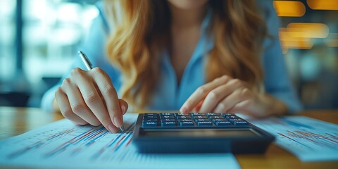 Poster - Close-up of a Woman's Hand Analyzing Financial Data with a Calculator and Pen
