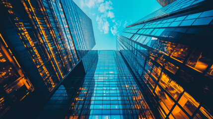 Poster - Vertical view of modern skyscrapers with reflective glass in an urban setting, showcasing architectural design and bright lights at dusk