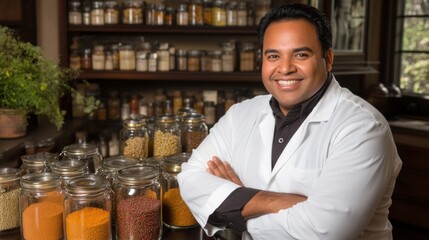 A happy chef wearing a lab coat stands confidently with arms crossed, surrounded by jars of vibrant spices. Shelves filled with various ingredients create a rich backdrop in a culinary space