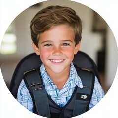 A smiling boy in a plaid shirt and harness, exuding joy and innocence.