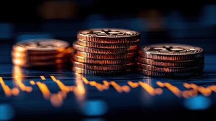 Poster - Stacked Golden Bitcoin Coins on a Blue Background with Orange Lines