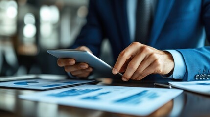Poster - A business professional is focused on analyzing data on a tablet, while various charts and documents spread out on the table highlight important performance metrics and insights