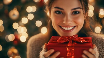 Poster - A young woman smiles brightly while holding a wrapped Christmas gift adorned with a red bow.