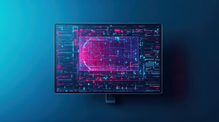 Leinwandbilder - Ultrathin futuristic monitor with holographic projection flat design top view cyber workstation theme 3D render Triadic Color Scheme
