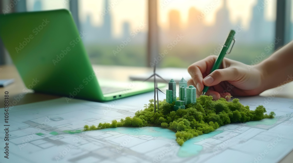Businessman working laptop planning on environmental protection ...