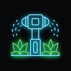 Poster - glowing neon line automatic irrigation sprinklers icon isolated on black background