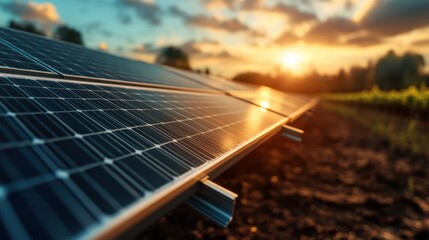 A row of solar panels in a field capturing sunlight as the sun sets in the background, depicting renewable energy and the promise of sustainable power solutions.