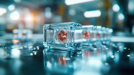 A transparent, futuristic design cube with a glowing orange core rests on a metallic surface, symbolizing innovation and advanced technology applications.