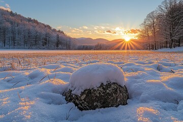 Poster - A Single Stone in a Snowy Field at Sunset with Sunbeams
