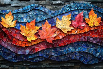 Poster - Mosaic Autumn Leaves on a Blue and Black Wall