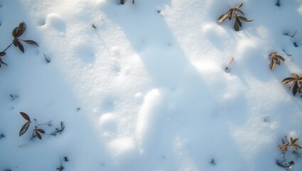Wall Mural - pristine snow covering forest floor with tree shadows and peeking leaves