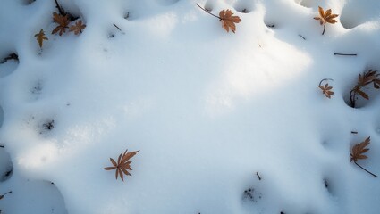 Wall Mural - pristine snow covering forest floor with tree shadows and peeking leaves