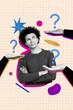 © deagreez - Vertical composite artwork collage image picture of minded guy arms hold question mark isolated on creative background