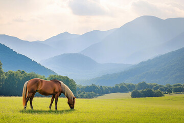  A horse grazing in a mountain meadow