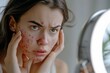 © useful pictures - Close-up of a sad woman examining her skin with red acne in a mirror, expressing her frustration and concern about her appearance