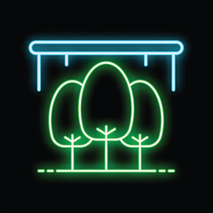 Poster - Bright neon icon of a group of green trees under a canopy on a black background