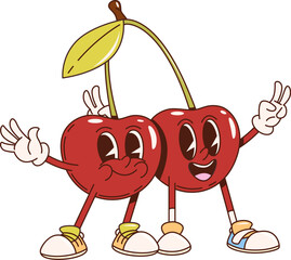 Poster - Retro groovy cherry berry twins cartoon characters. Isolated vector couple of fresh and ripe summer hippie berries personages hanging on stem. Comic nostalgic juicy fruits with vintage nostalgic vibes