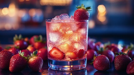 Canvas Print - Fresh strawberry drink surrounded by ripe strawberries on a wooden surface in bright light