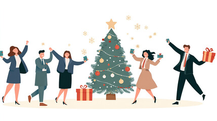 Flat illustration of people dancing around a Christmas tree, dressed in business attire and carrying gifts, isolated on a white background