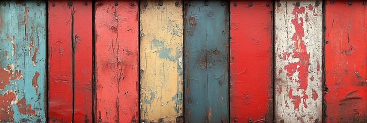 Poster - A Wall of Weathered and Chipped Wooden Planks Painted in Various Colors