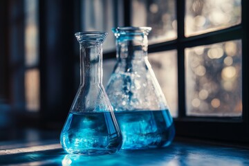 two erlenmeyer flasks containing a blue liquid are shaking during a scientific experiment in a labor