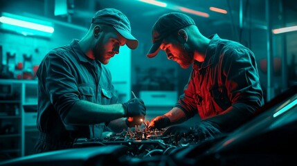 Mechanics Changing Spark Plugs in Car Engine