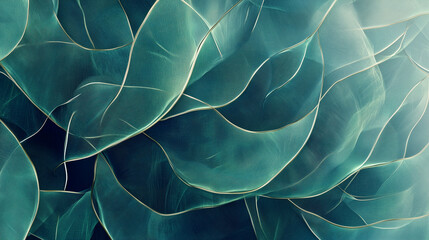 Aufkleber - An eco-futuristic pattern with interwoven lines resembling leaves or roots but with a metallic sheen. Calm green and blue tones, semi-transparent textures