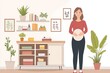 © Leo Rohmann - Illustrated young pregnant woman in modern cozy living room surrounded by plants and books symbolizing relaxation nesting and mindfulness within an organized tranquil space
