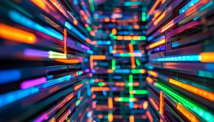 Aufkleber - A pattern made up of bright LED-like lines forming an abstract network or maze. Bold, vibrant colors – blue, purple, green, orange – create a dynamic and energetic ambiance.