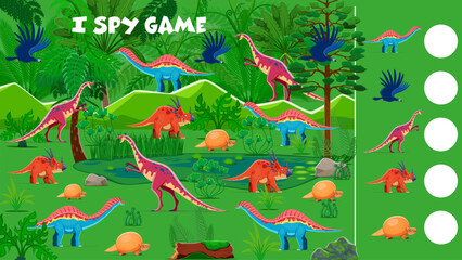 Poster - Prehistoric dinosaurs i spy game worksheet for kids. Vector riddle task with cartoon dino characters. Count how many children test, education activity for baby mind development and arithmetic learning