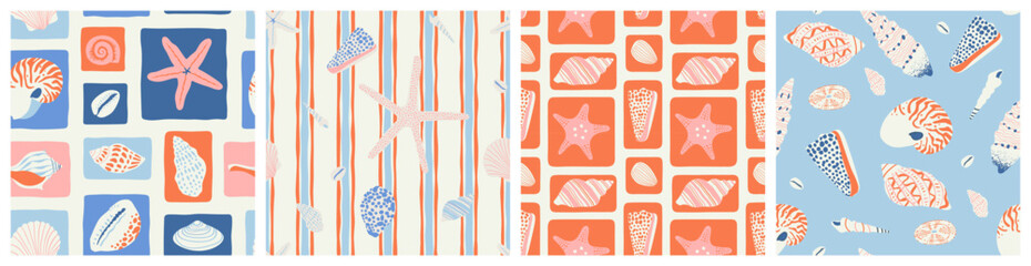 Poster - Retro hand drawn seashell mosaic seamless pattern set. Tropical summer background illustration. Vintage marine nature print. Patchwork style shell animal wallpaper texture collection.