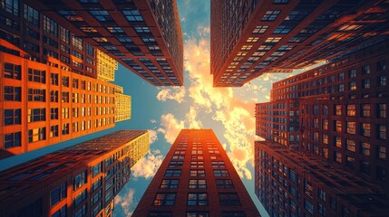 Aufkleber - A Low Angle View of Brick Buildings with Windows Against a Cloudy Sky
