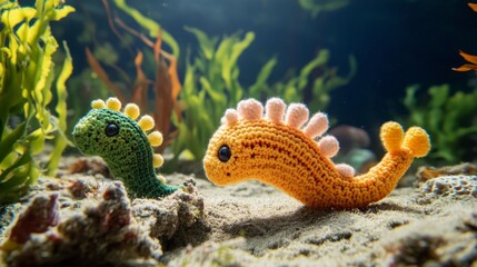 Two adorable crocheted seahorses in vibrant orange and green hues swim in a lively underwater scene, stitched with care and precision. Ideal for aquatic-themed decor.