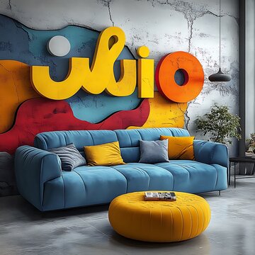 Bold Typography Wallpaper Paired Stylish Sofa Creating Modern Decor Vibe picture