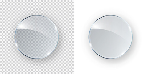 glass, acrylic or plastic circle badge isolated on transparent and white backgrounds. reflection 3d 