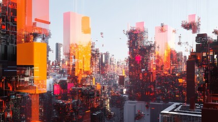Wall Mural - this image features a vibrant, abstract digital cityscape filled with glowing blocks representing fu