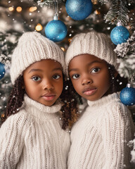 Two dark-skinned girls in cozy white sweaters and hats stand together smiling by a beautifully decorated Christmas tree with blue ornaments