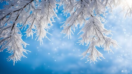 Winter background with snowy and iced branches of trees