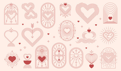 boho valentine celestial and mystic icons, esoteric symbols of heart and arrows in arch frames. vect