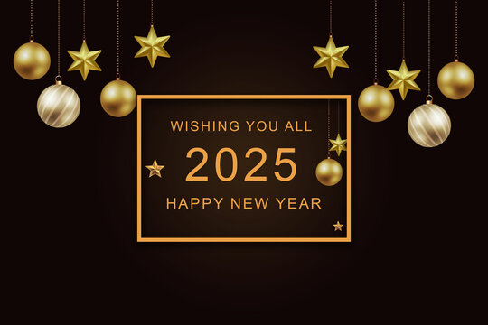 happy new year 2025 greeting cardwith golden balls and stars