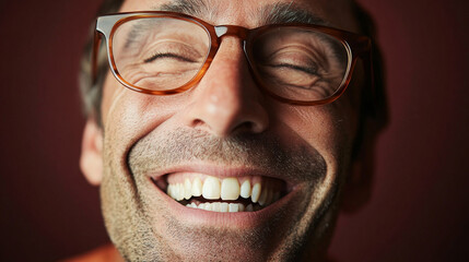 A close-up image capturing the pure joy of a mature man with glasses, laughing heartily