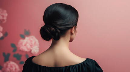 A minimalist, back-view portrait of a woman with her hair elegantly styled in a bun, set against a soft background. The smooth, flawless appearance highlights sophistication and simplicity