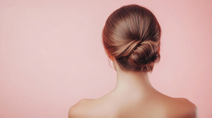 A minimalist, back-view portrait of a woman with her hair elegantly styled in a bun, set against a soft background. The smooth, flawless appearance highlights sophistication and simplicity