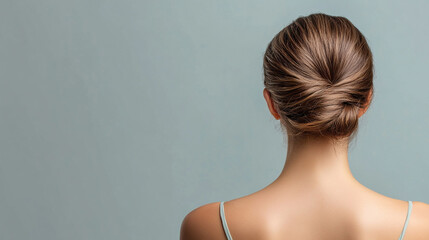 A minimalist, back-view portrait of a woman with her hair elegantly styled in a bun, set against a soft background. The smooth, flawless appearance highlights sophistication and simplicity