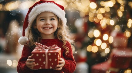 A young girl with blonde hair wears a red sweater and a Santa hat while holding a red gift box in front of a Christmas tree. She smiles brightly at the camera.